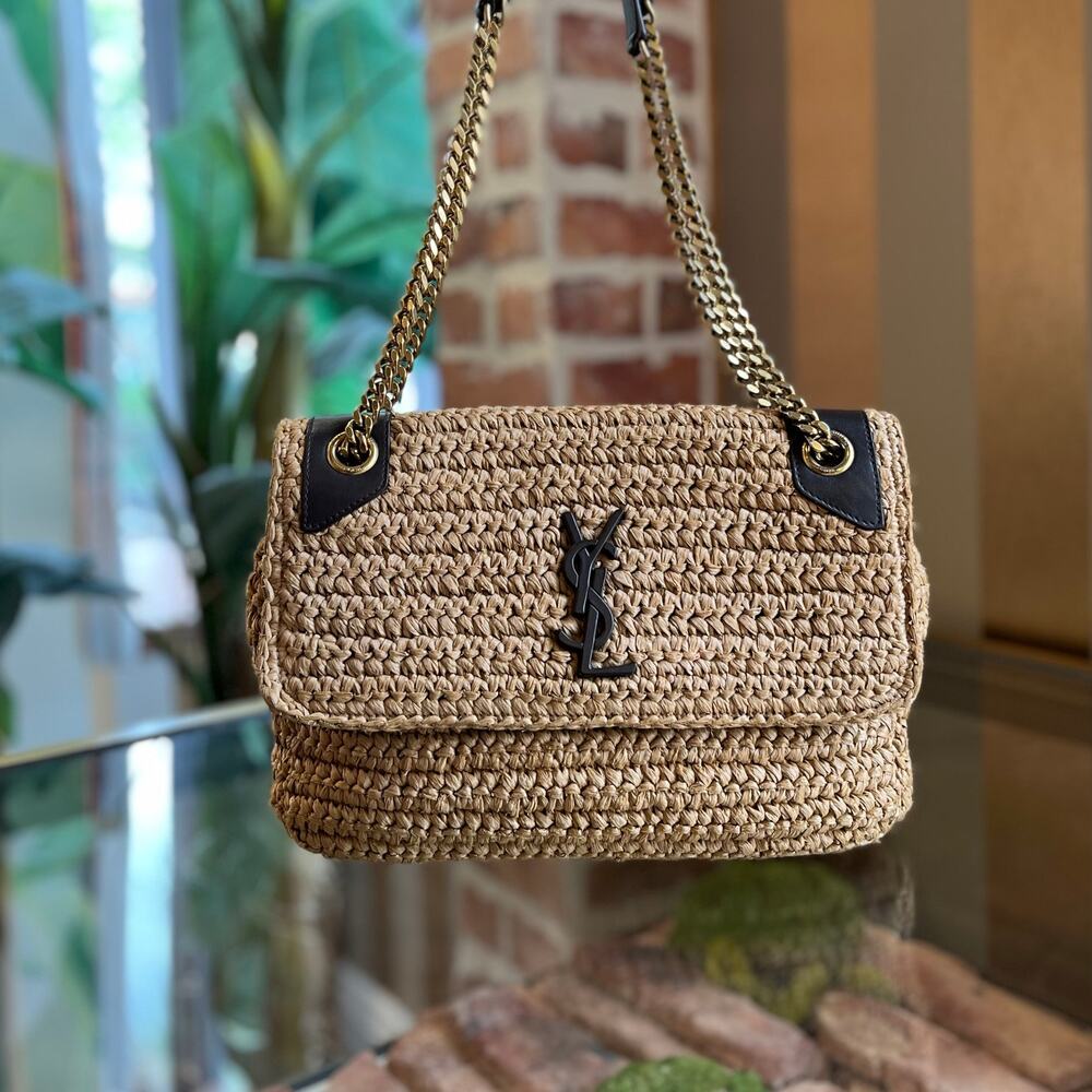 SAINT LAURENT Niki Medium YSL Raffia Shoulder Bag